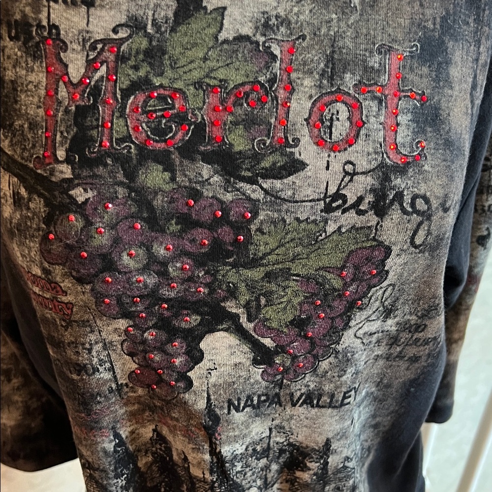 Wine Graphic Women's Top with Rhinestones - Picture 2 of 6